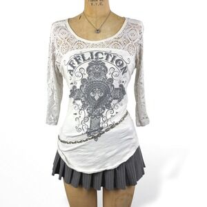 Affliction Lace Sleeve 3/4 Top Rhinestone Y2K Cross Soft Grunge Moto Size M